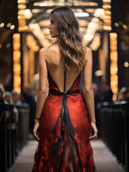 Fictional beautiful show woman. Adult young female artist model, singer or dancer posing on red carpet before entering celebrity fashion event. Rear view of creative slim girl in red dress AI