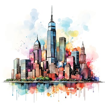 Sketched Cityscap, A watercolor artwork captures New Yorks iconic skyscrapers and their architectural grandeur