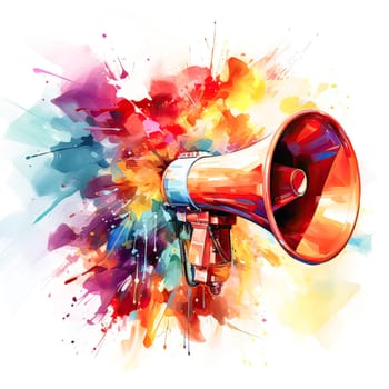 Amplify Your Message, A vibrant watercolor portrayal of a megaphone, a symbol of vocal influence