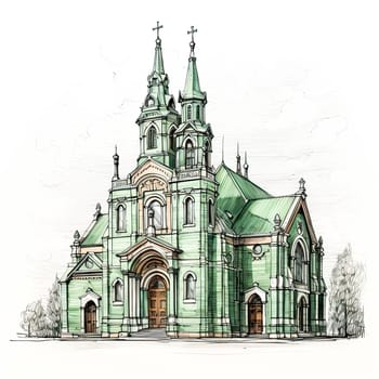 Green Grace, Watercolor sketch of a church liner in serene green, celebrating architectural design with artistic flair