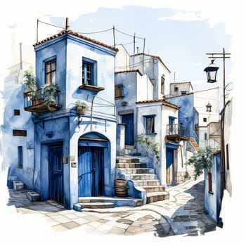 Streets of Morocco, Watercolor sketches of beautiful Moroccan houses with vibrant plant lined streets in a picturesque setting