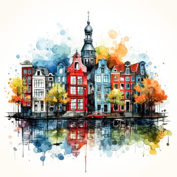 Picturesque Amsterdam, A charming watercolor rendering of the citys iconic colored houses within a scenic landscape