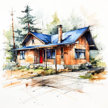 Natures Architectural Canvas, Watercolor captures a contemporary house amidst the enchanting forest