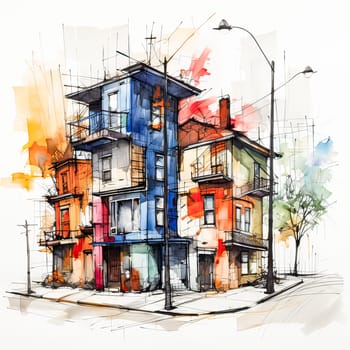Town in Colorful Lines, Watercolor artwork showcases a lively town, emphasizing multi colored architectural diversity