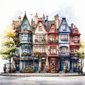 Architectural Harmony, Watercolor sketches of European houses complement the beauty of the surrounding nature