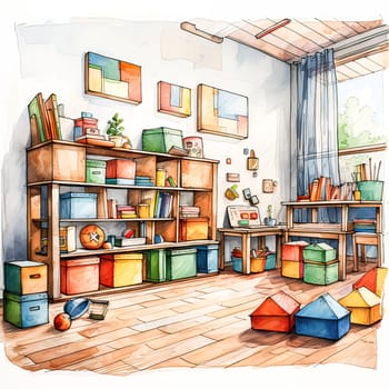 Artistic Play Space, Sketch in watercolor liners captures a vibrant, multi colored childrens room
