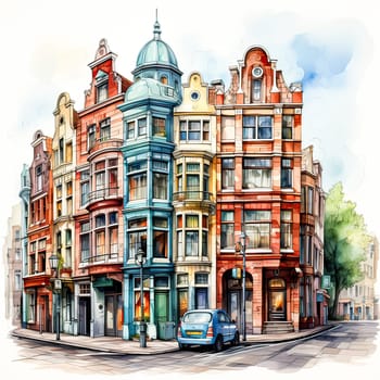 Dutch Delight, Watercolor art captures the vibrant houses of Amsterdam, harmonizing with the scenic landscape