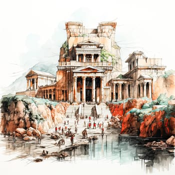 Grecian Elegance, Sketch in watercolor liners celebrates the beauty of an ancient Greek style temple