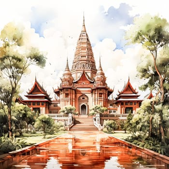 Thai Architectural Gem, Watercolor liner sketch of an ancient temple in Thai style, a visual masterpiece