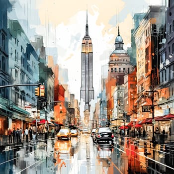 Artistic Cityscape, Watercolor sketch of bustling New York streets and majestic skyscrapers