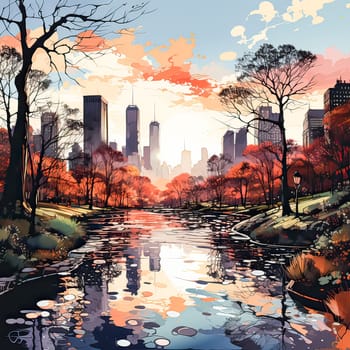 New York in Watercolor, A sketch captures the beauty of autumn by a serene lake in vibrant colors