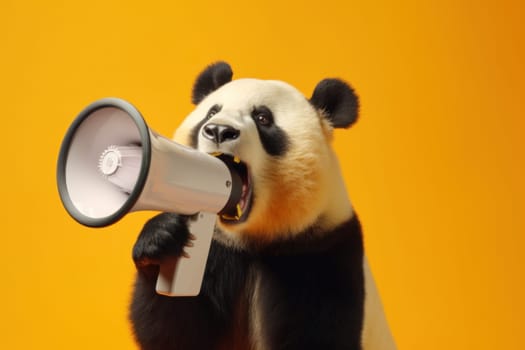 Panda with loudspeaker on yellow background.