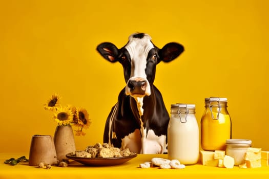 Cow with various dairy products on a yellow background. Production of milk and dairy products