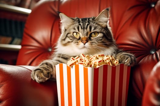 Cat eating popcorn and watching an exciting premiere of a new movie in the cinema or at home