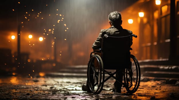 Disability and loneliness. A lonely man in a wheelchair on an autumn evening on the background of the city landscape