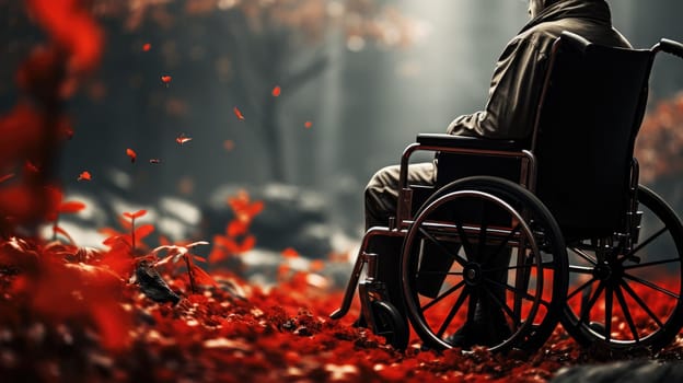 Disability and loneliness. A lonely man in a wheelchair on an autumn evening on the background of the city landscape