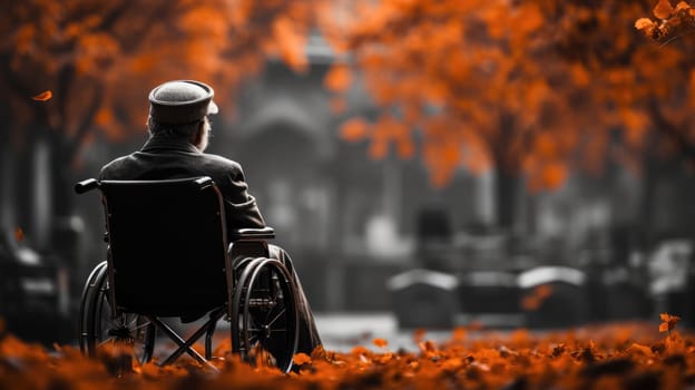 Disability and loneliness. A lonely man in a wheelchair on the background of the city landscape