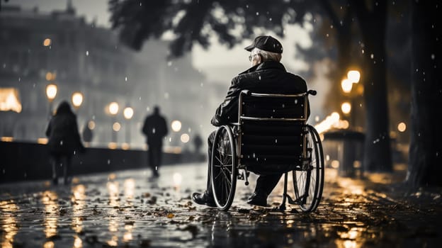 Disability and loneliness..A lonely man in a wheelchair on an autumn evening on the background of the city landscape