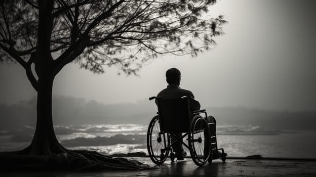Disability and loneliness. A lonely man in a wheelchair on the background of the landscape