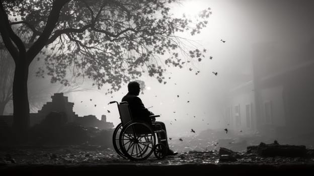 Disability and loneliness. A lonely man in a wheelchair on the background of the city landscape