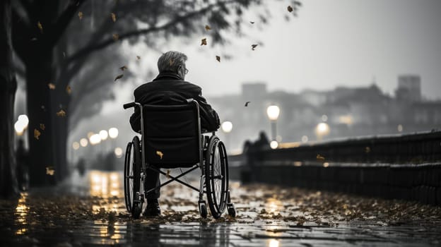 Disability and loneliness..A lonely man in a wheelchair on an autumn evening on the background of the city landscape