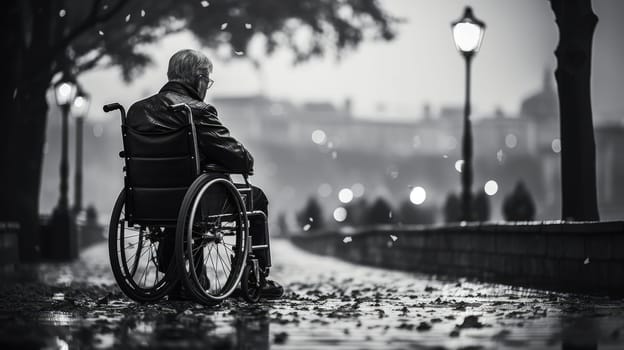 Disability and loneliness..A lonely man in a wheelchair on an autumn evening on the background of the city landscape