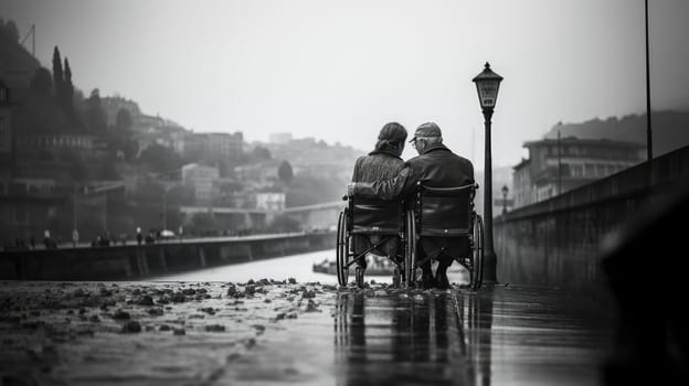 Loving couple in wheelchairs. A man and a woman on wheelchairs enjoy each others company and fellowship