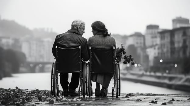 Loving couple in wheelchairs. A man and a woman on wheelchairs enjoy each others company and fellowship