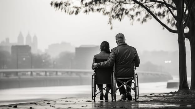 Loving couple in wheelchairs. A man and a woman on wheelchairs enjoy each others company and fellowship