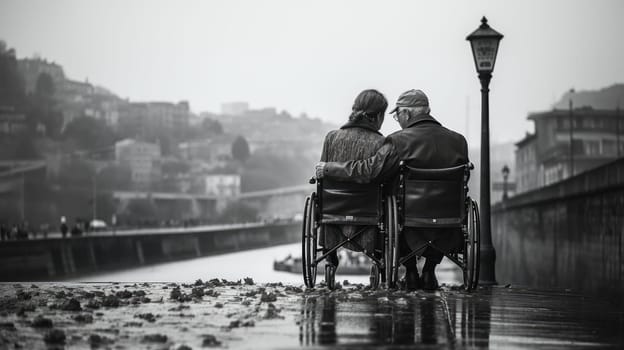 Loving couple in wheelchairs. A man and a woman on wheelchairs enjoy each others company and fellowship