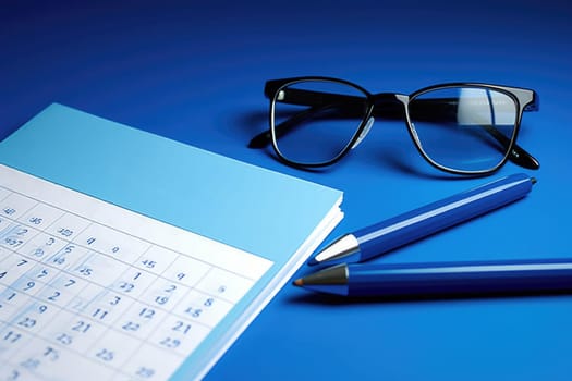 Blue Monday concept with paper notes, glasses and pen on desktop, AI Generated
