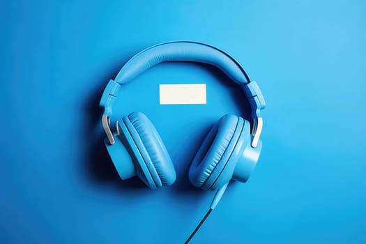 Blue Monday concept with earphones on desktop with blue wall, AI Generated