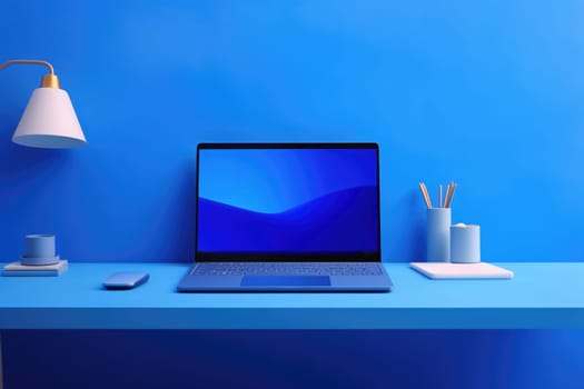 Blue Monday concept with laptop on desktop with blue wall, AI Generated