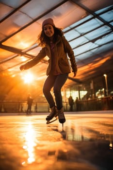 cute child wearing winter clothes and ice skating on ice rink, back view. AI Generated