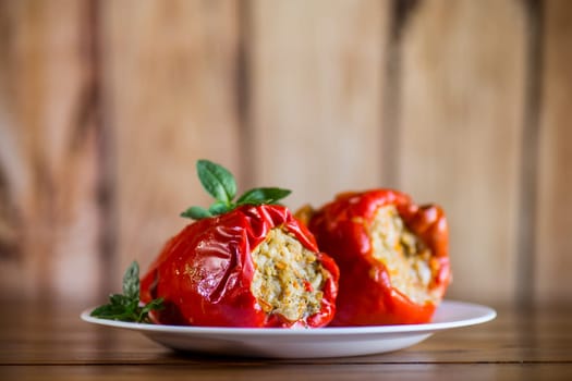stewed in gravy stuffed peppers in a plate on a wooden table