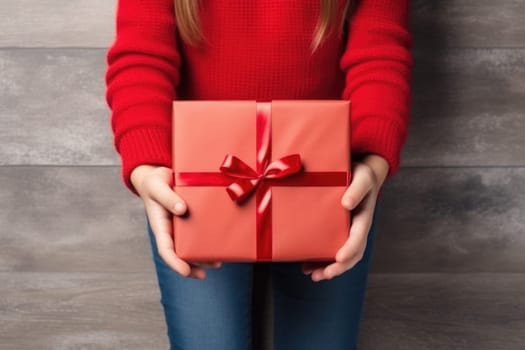 hands holding red gift box on wooden background, AI Generated