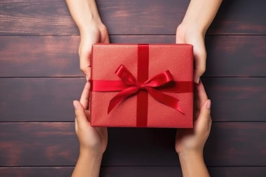 hands holding red gift box on wooden background, AI Generated