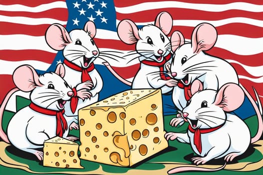 mice eating cheese in a party comic illustration allegory with blue background and flags