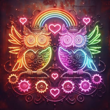 steampunk owl king and queen in love neon sign valentines illustration concept rusty background generative ai art