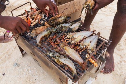 Lobsters and prawns cooked on small grill at the sandy beach, Zanzibar, Tanzania