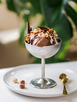 Delicious chocolate ice cream with cherry sorbet decorated with caramelized hazelnuts, chocolate chips in metal sundae dish. Portion of Italian Ice Cream dessert, topping nuts, on table near monstera