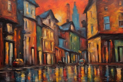 colorful painting illustration of a city at sunset under rain and mist, people walking generative ai art