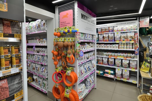 Moscow, Russia - Oct 18. 2023. Interior of the Four paws pet store at Zelenograd