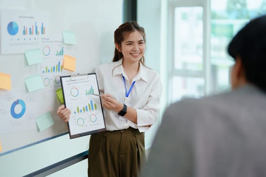 portrait of young asian business team presents business profits to colleagues at meeting, explaining business turn over on flipchart to coworkers in office with using tablet