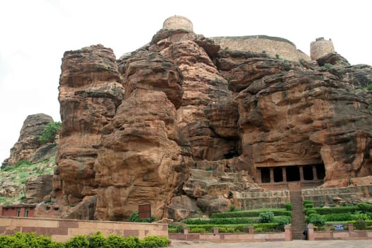 Fort atop rocky mountain and cave temples at Badami, Karnataka, India, Asia