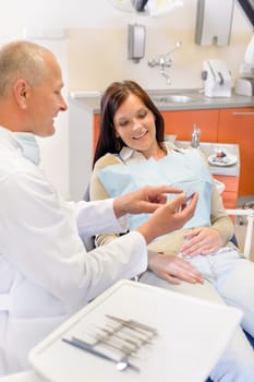 Visit at dentist showing female patient model of teeth