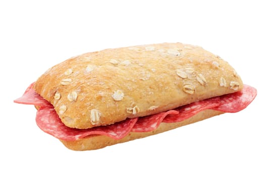 tasty snack of sausage or salami cut off and isolated