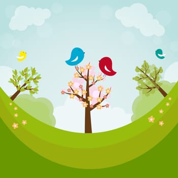 Cartoon earth with trees and birds
