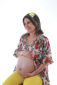 details of a happy pregnant woman isolated on white