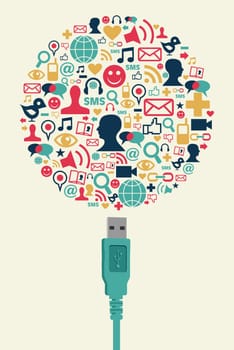 Single USB plug connects a globe made with social media icons on cream background. Vector file available.